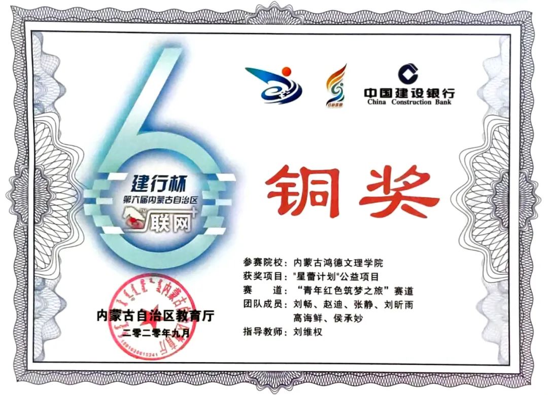 【喜報(bào)】恭喜我院《“星蕾計(jì)劃”公益項(xiàng)目》榮獲第六屆內(nèi)蒙古自治區(qū)“互聯(lián)網(wǎng)+”大學(xué)生創(chuàng)新創(chuàng)業(yè)大賽銅獎(jiǎng)，實(shí)現(xiàn)學(xué)院雙創(chuàng)工作的新突破！